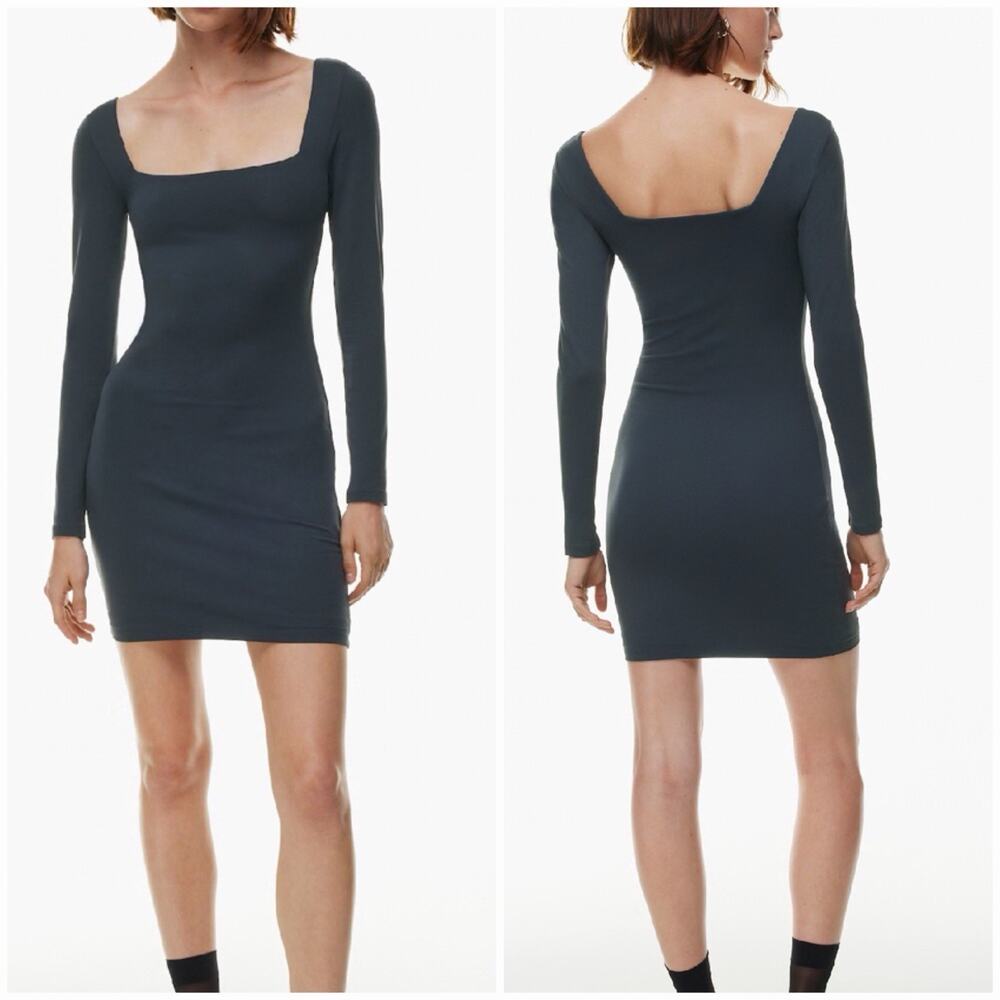 Aritzia Babaton Contour M Square Neck Long Sleeve Bodycon Mini Dress M Gray